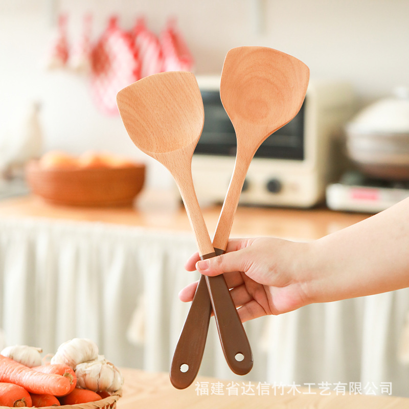 Mango de madera de haya pintado conjunto de cocina antiadherente olla de madera pala de frita de mango largo pala de madera pala de sopa de sopa