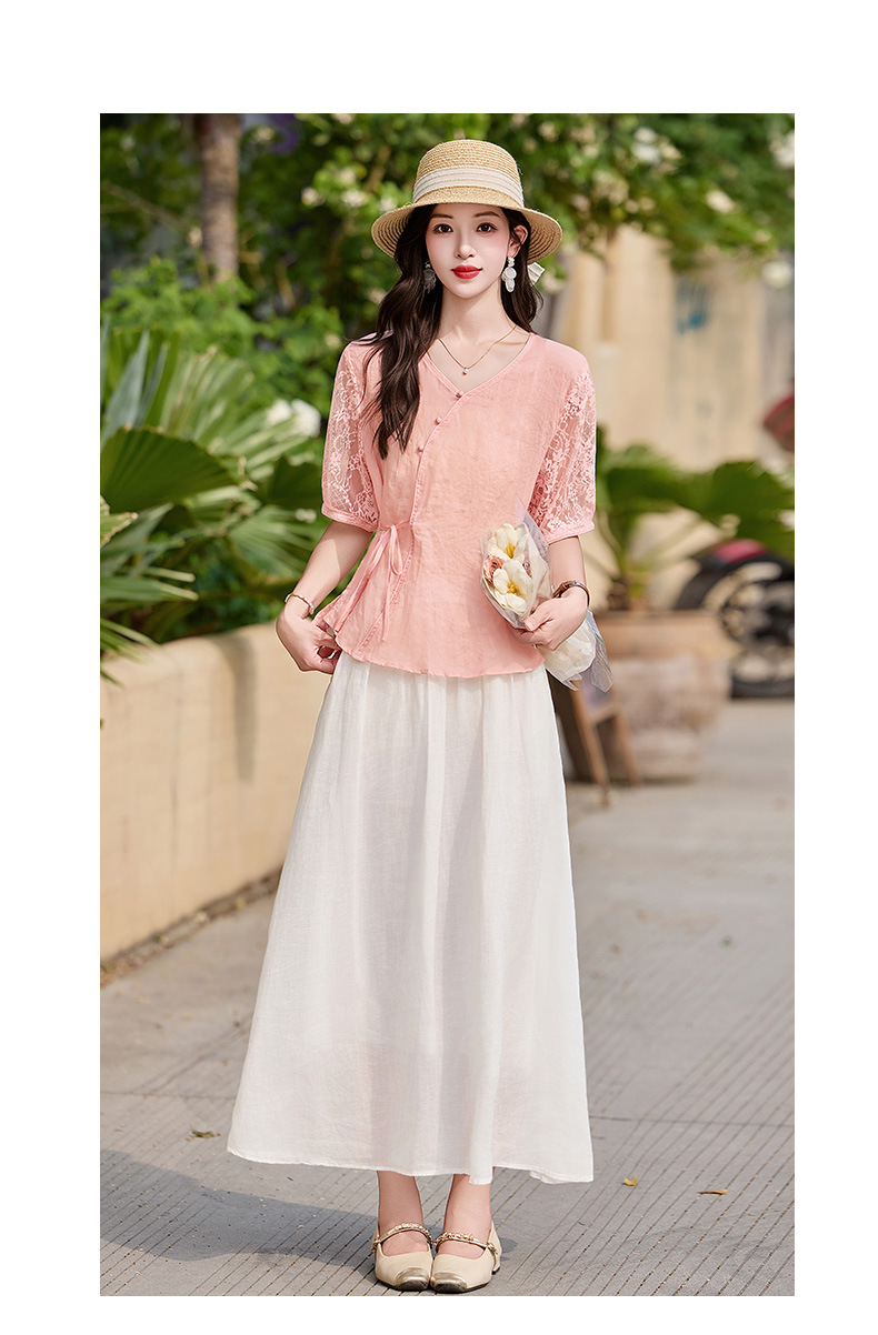 Bộ đầm tân cổ điển nữ hai mảnh áo phối chân váy midi thắt eo — Màu hồng, màu trắng ngà chi tiết 13