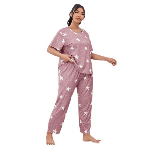 European and American Autumn/Winter New Casual Homecoming Set Short Sleeve Long Pants European and American Style Star Full Print Pajamas for Women Cross-border