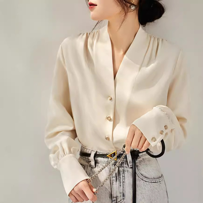 European French Style Lazy Elegant Retro Design Work Clothing V-Neck Shoulder Shell Pleated Long-Sleeved Shirt for Women Spring & Fall