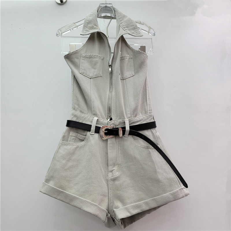 Verano nuevo estilo coreano cuello POLO sin mangas Chaleco de un solo pecho + cintura alta curling pantalones cortos de pierna ancha traje de mezclilla de las mujeres