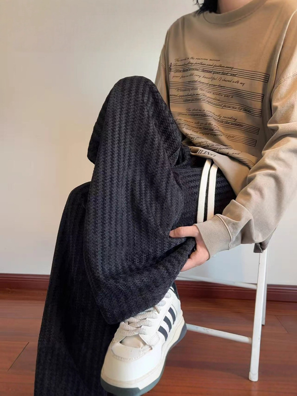 千鸟格休闲运动裤子男款秋冬季潮牌美式条纹针织宽松直筒重磅卫裤|undefined