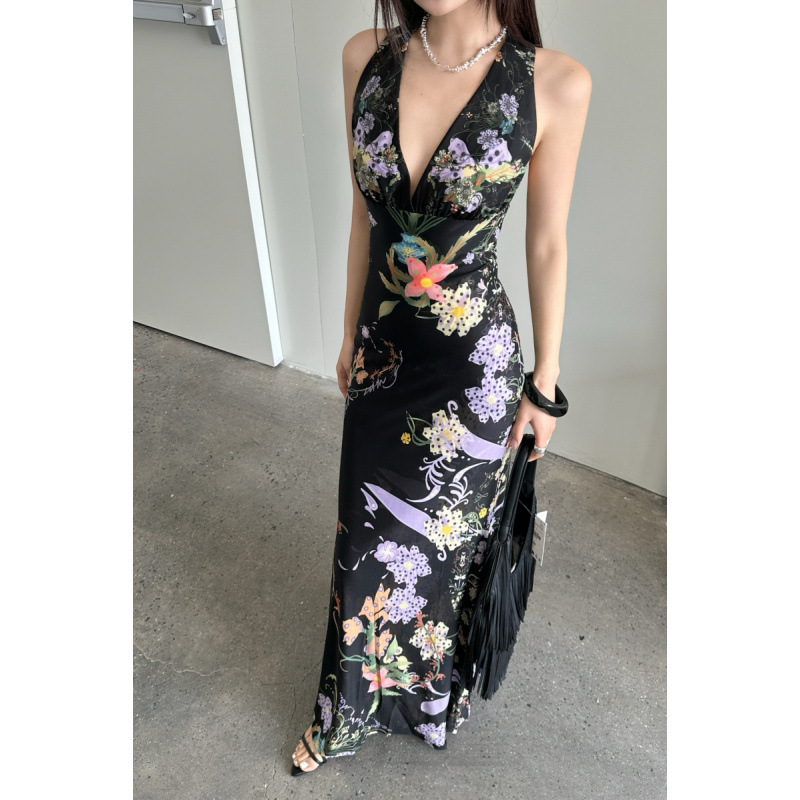 Floral Romantic French Halter Neck Dress 2026 Spring/Summer Designer V-Neck Sexy Bodycon Mermaid Long Dress for Women Floral Romantic French Halter Neck Dress 2026 Spring/Summer Designer V-Neck Sexy Bodycon Mermaid Long Dress for Women