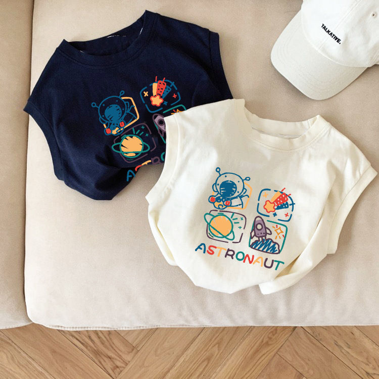 Algodón bebé niños camiseta sin mangas 2024 nuevo patrón de dibujos animados versátil niños y niñas chaleco camiseta superior verano