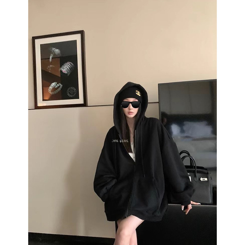 Ouyang Black Hooded Zipper Sweatshirt Jacket Women's Winter Velvet Thickeneded Lazy Style Casual Loose Top