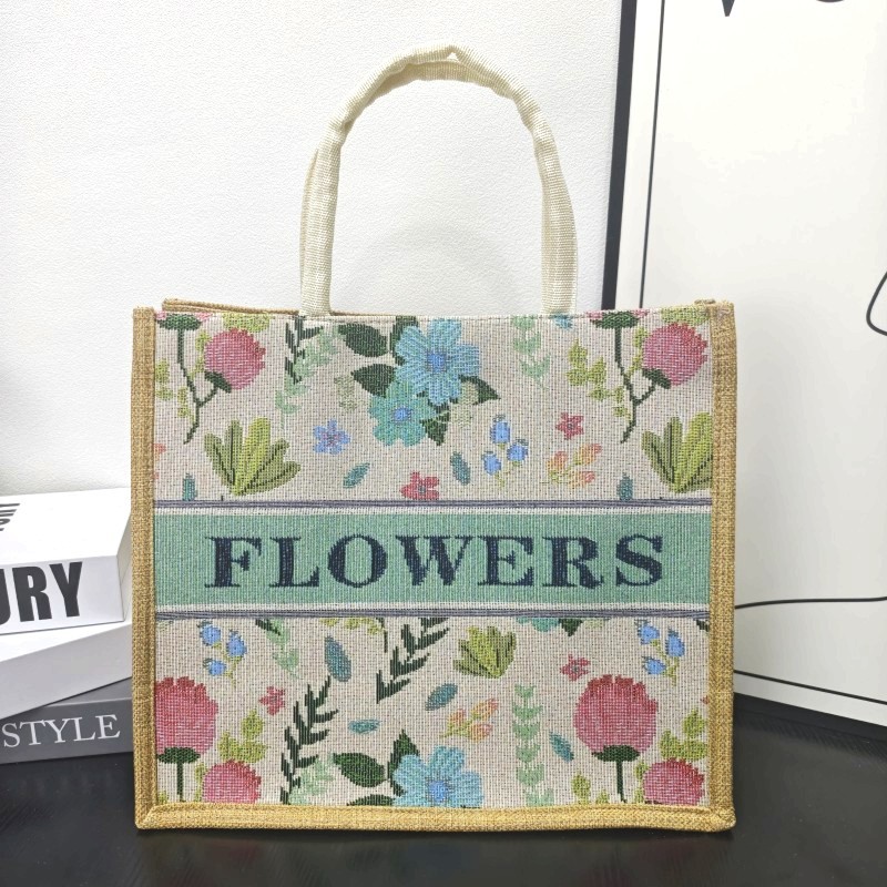 Cross-Border Linen Handbag with Floral Embroidery, Large Capacity Tote Bag, Fashionable Shopping Bag, Gift Bag, Student Tutoring Bag