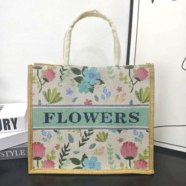 Cross-Border Linen Handbag with Floral Embroidery, Large Capacity Tote Bag, Fashionable Shopping Bag, Gift Bag, Student Tutoring Bag