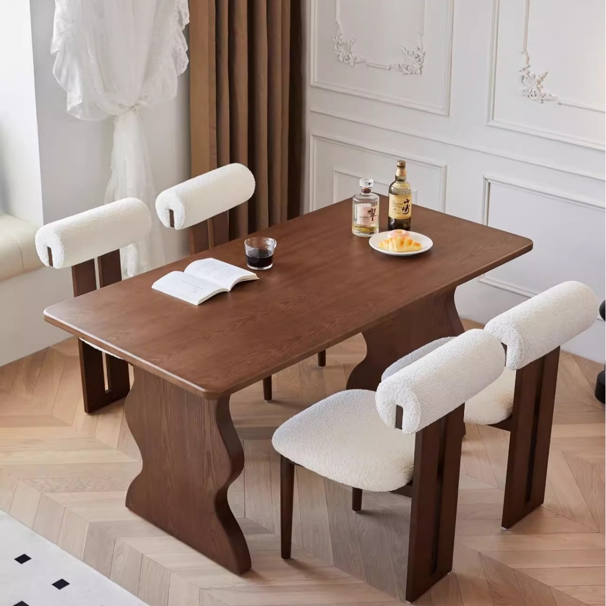 French Mid-Century Style Solid Wood Dining Table Home Rectangular Ash Desk Creative Retro Walnut Island Table