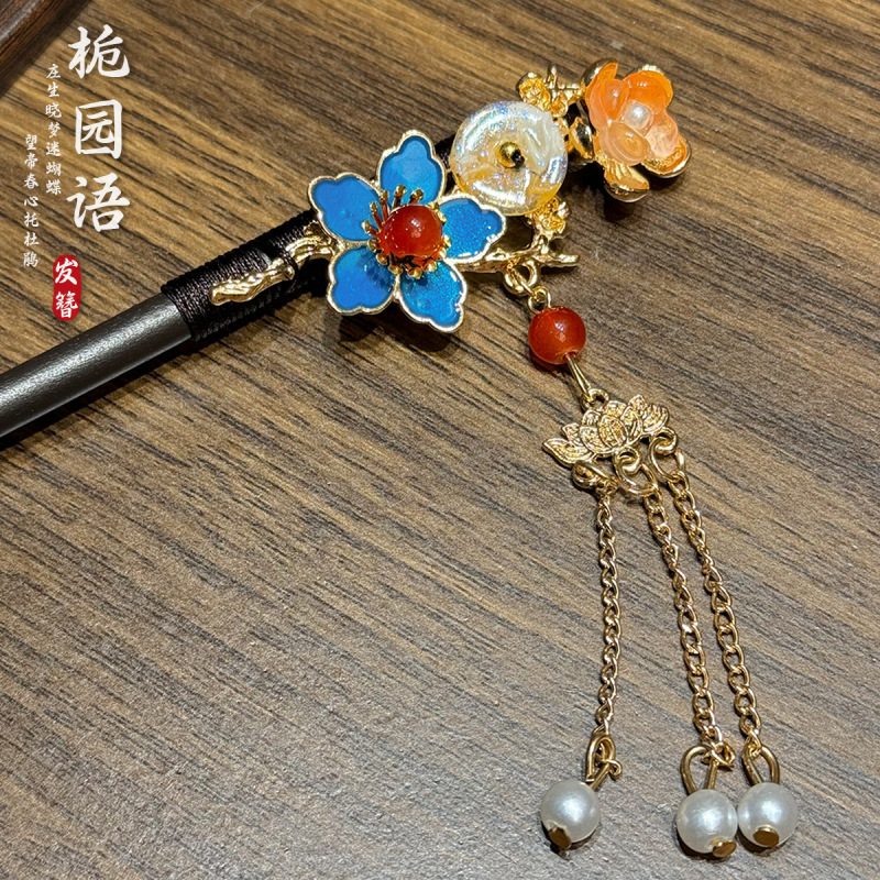 国潮古风桂花珍珠流苏黑木发簪古装旗袍装饰盘发中式仿黑檀木发饰|undefined