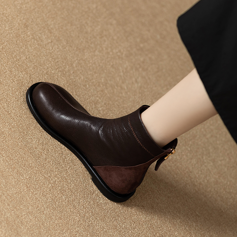 Lorin's Leather Round-Toe Retro Slim Boots for Women 2025 Autumn and Winter New Flats-Soled Boots Soft Work Clothing Short Boots