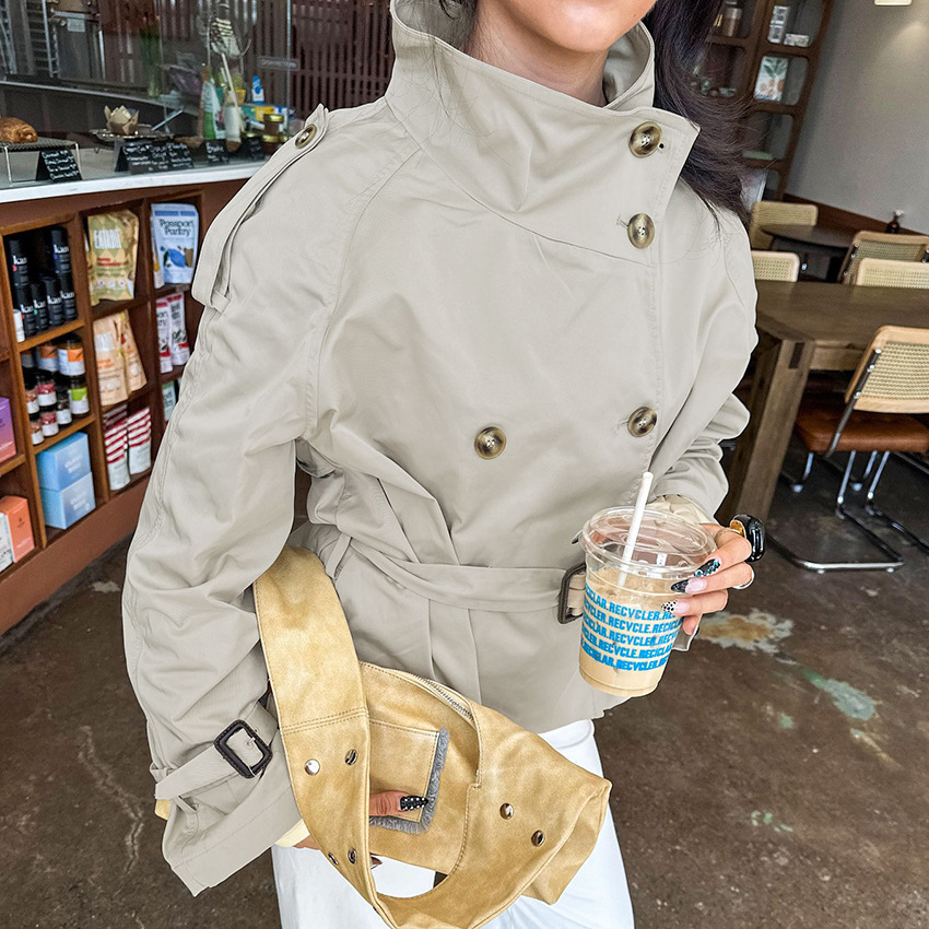2025 Autumn and Winter New Style Stand-Up Collar Waist Windproof Short Windbreaker Jacket for Women with Design and Elegant Casual Cross-Border Commuting