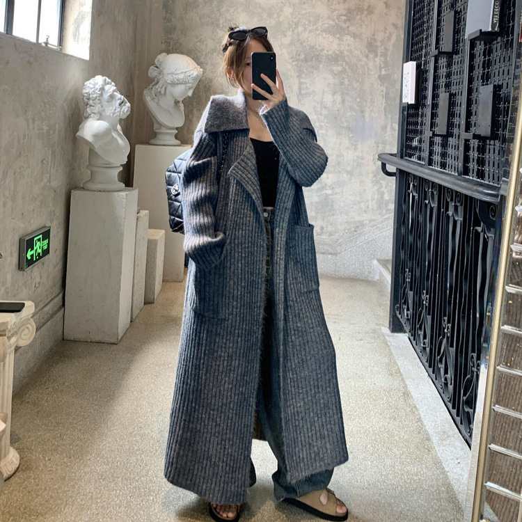 Fashionable Casual Knitted Outwear for Women 2025 Autumn and Winter New Thickeneded Suit Collar Long Over-The-Knee Loose Large Size Cardigan