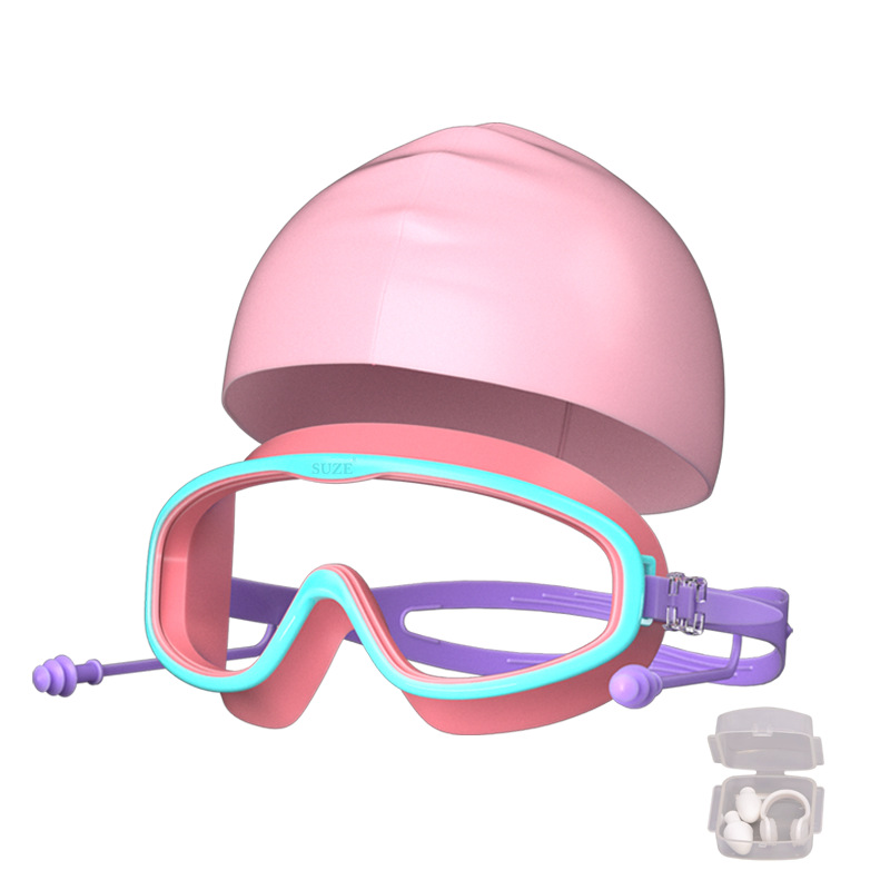 5~16세 어린이 모델 - 연한 파란색과 분홍색 투명 수영 고글 + 분홍색 수영 모자 + 가방 + 귀마개 및 코 클립 세트