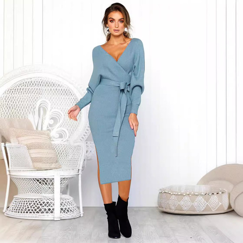 6-color hot sale autumn and winter V-neck lace long-sleeved women's dress wish elegant