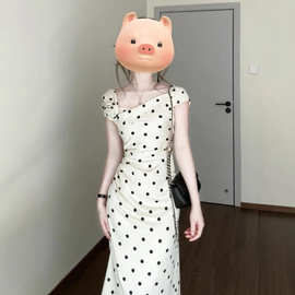 法式气质白色波点连衣裙子女装夏季2025新款立体花朵收腰包臀长裙