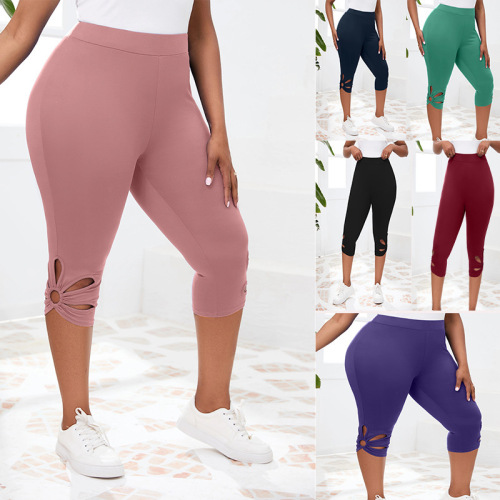 European and American leggings Amazon women's solid color hollow-out comfortable sports casual leggings cropped pants