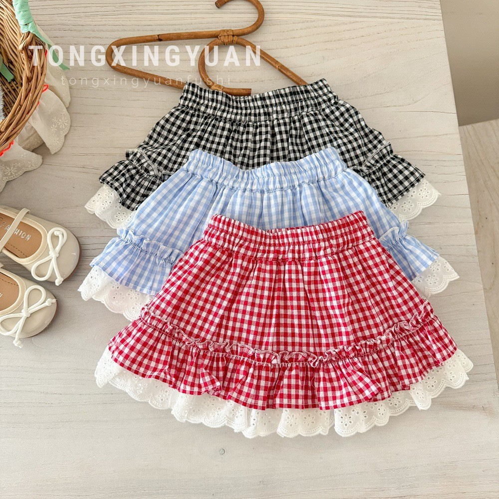 Children's Star Yuan Ropa para niños coreanos Falda corta para niñas Falda de media longitud Verano Nuevo estilo Estilo occidental Bebé Hermosa falda de pastel a cuadros