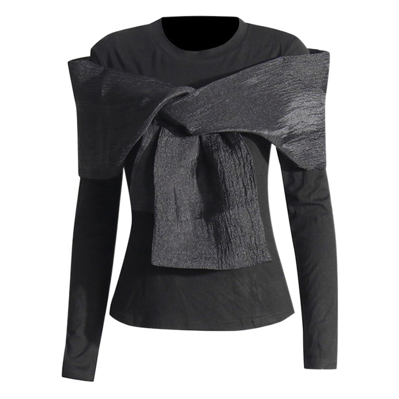 Moda red nicho estilo 2024 primavera nuevo cuello redondo manga larga personalidad Cruz arco color sólido camiseta para las mujeres