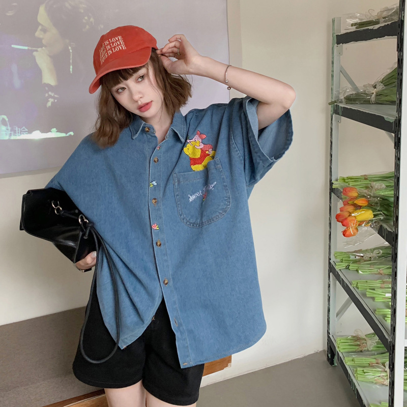 Washed Denim Retro Japanese Winnie the Pooh Short-Sleeve Shirt for Men and Women, 2026 Summer New Loose Shirt, Hong Kong Style Trend