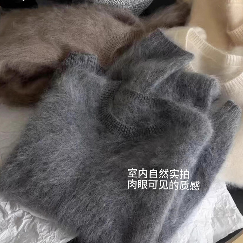 Lazy and High-End Gray Mohair Round Neck Sweater for Women in Autumn and Winter Loose Soft Waxy Knitted Outer Mink Velvet Top