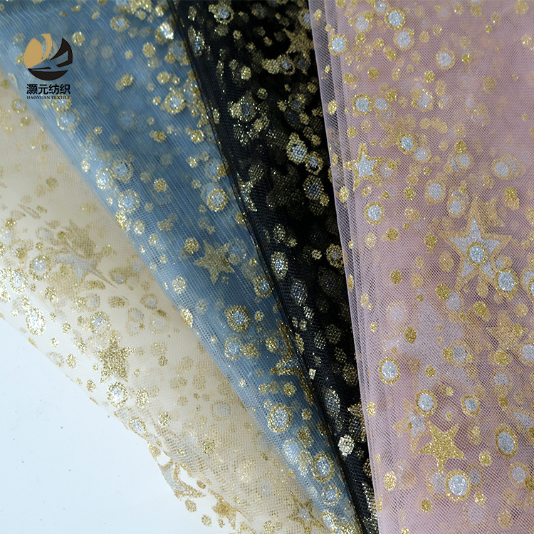 Fábrica de oro impresa en stock pentagonal estrella meteorita no cae polvo vestido de boda tela de malla decoración