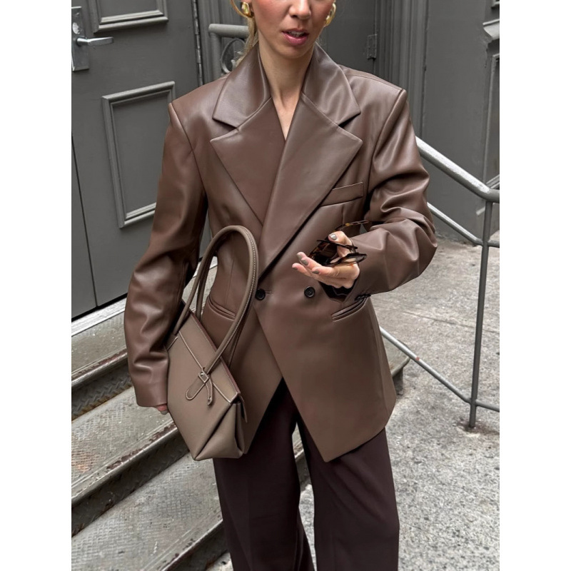 Mid-Length Belted Shoulder Pad Suit Pu Suit Jacket 2025 Autum New Silhouette Brown Asymmetrical Leather Jacket Mid-Length Belted Shoulder Pad Suit Pu Suit Jacket 2025 Autum New Silhouette Brown Asymmetrical Leather Jacket