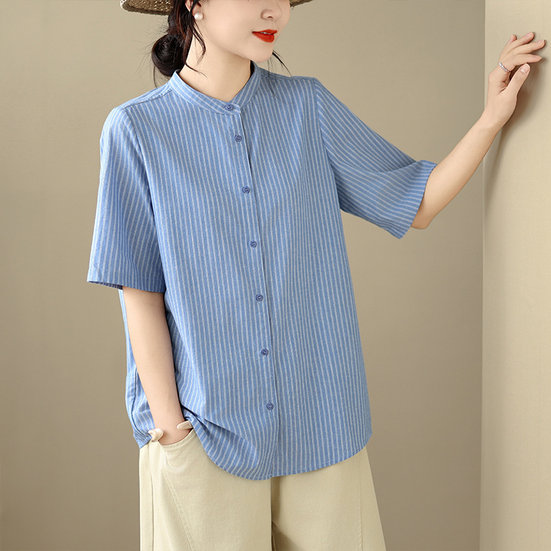 Actual Shot of the 2026 Summer New Cotton-Linen Japanese-Style Small Stand Collar Blue and White Striped Casual Shirt Top for Women