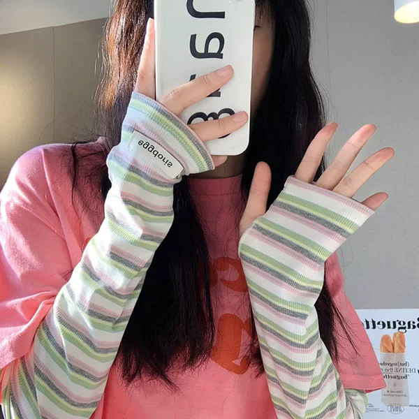 Striped Sun Protection Sleeves for Women in Summer Thin Breathable Anti-Uv Loose Ice Sleeves Outdoor Driving and Cycling Arm Protection