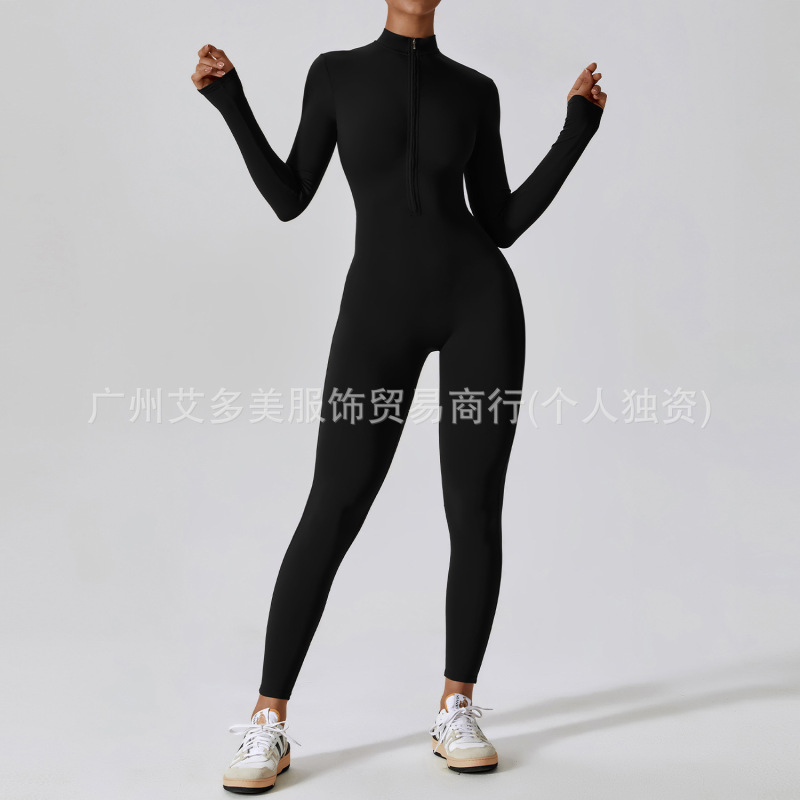 alo跨境欧美拉链裸感长袖瑜伽连体服高强度健身运动连体紧身衣|undefined
