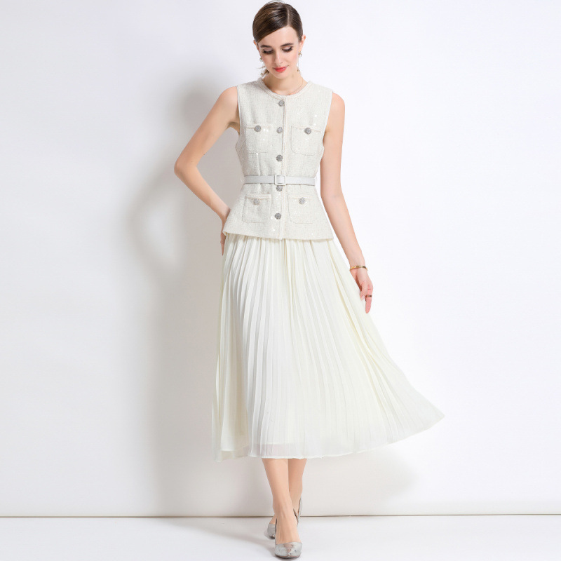 French Sequin Beaded Off-White Fake Two-Piece Sleeveless Tweed Spliced ​​Chiffon Pleated Dress Long Skirt