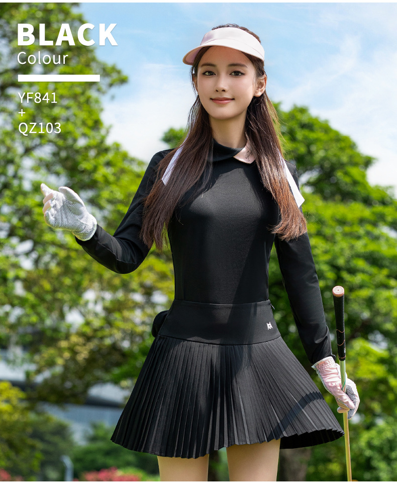 Áo lớp lót golf nữ tay dài cổ phối màu, thoáng khí thấm mồ hôi — Tay áo dài màu xanh nhạt [thoáng khí và thấm mồ hôi/dây kéo sau/cổ áo chặn màu bất đối xứng] YF841 chi tiết 6