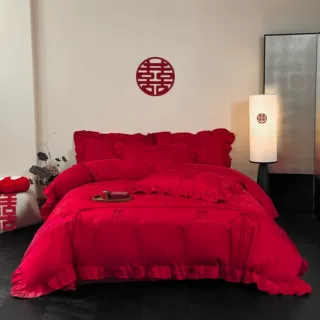 亲肤棉婚庆刺绣四件套-喜蝶大红色结婚陪嫁婚房喜庆套件送手提包