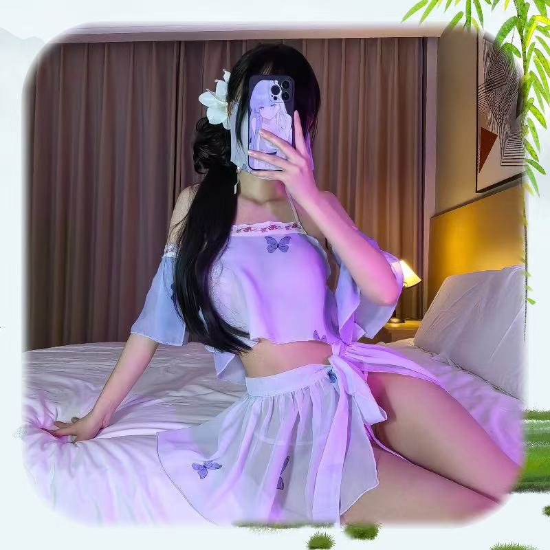 Purple Butterfly Antique Hanfu Costume Lingerie Set with Connective Stockings — detail image 11
