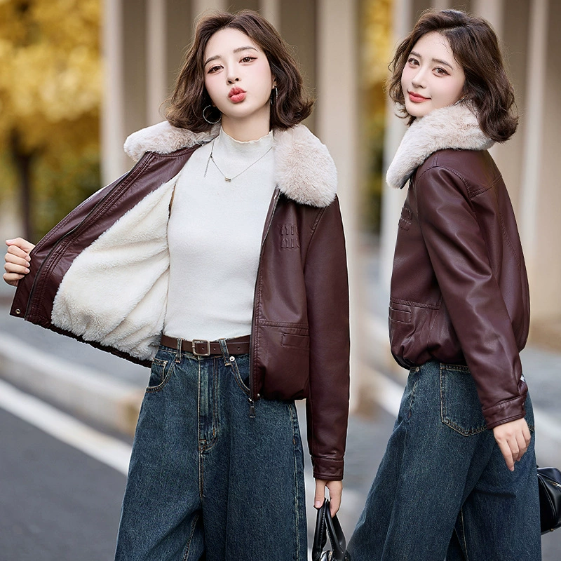 Зима 2024 новый спот высокого качества плюшевый воротник с меховой воротник теплая кожаная куртка с меховой воротник съемный