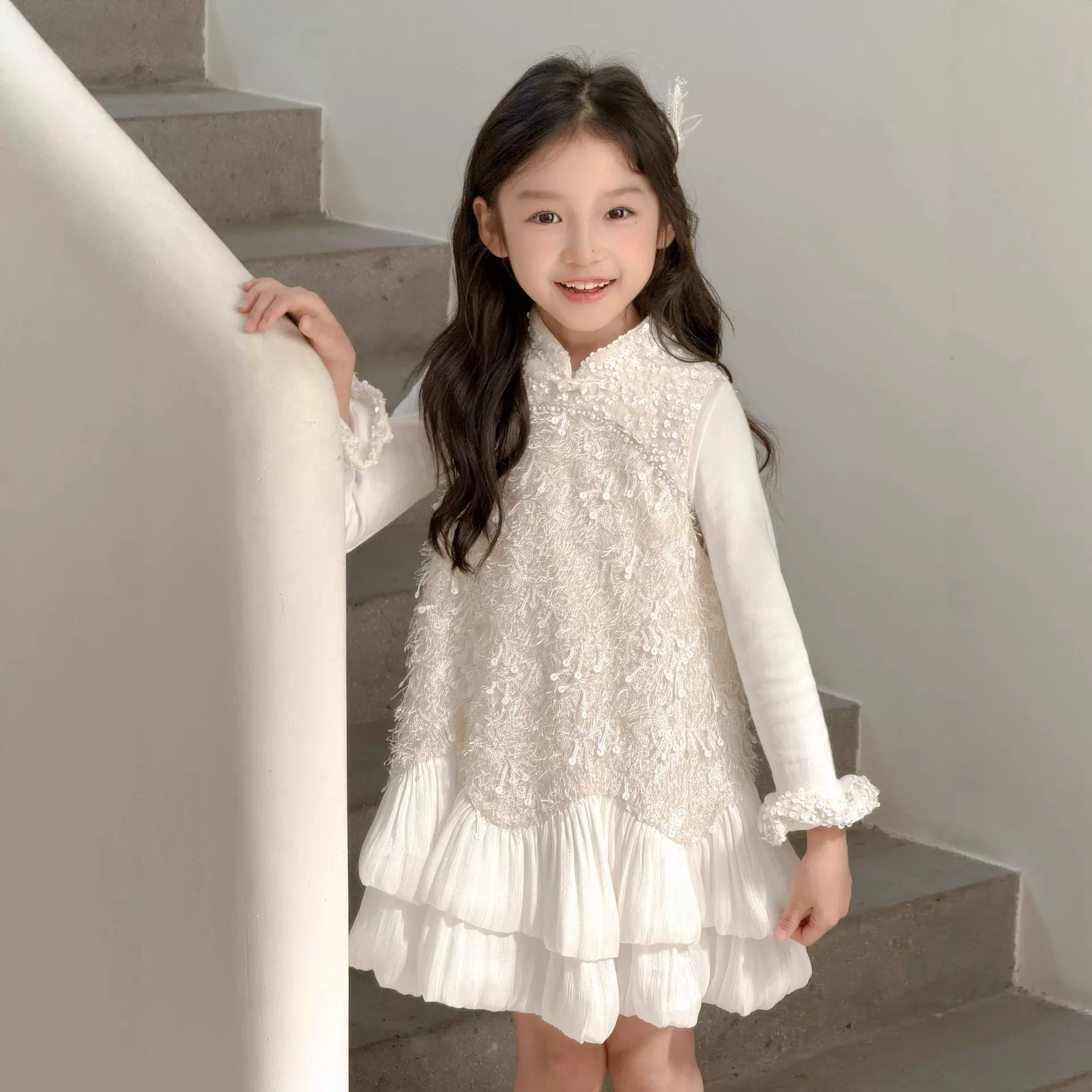 厂家女童拼接亮片流苏新中式旗袍裙女宝复古背心连衣裙花苞蛋糕裙