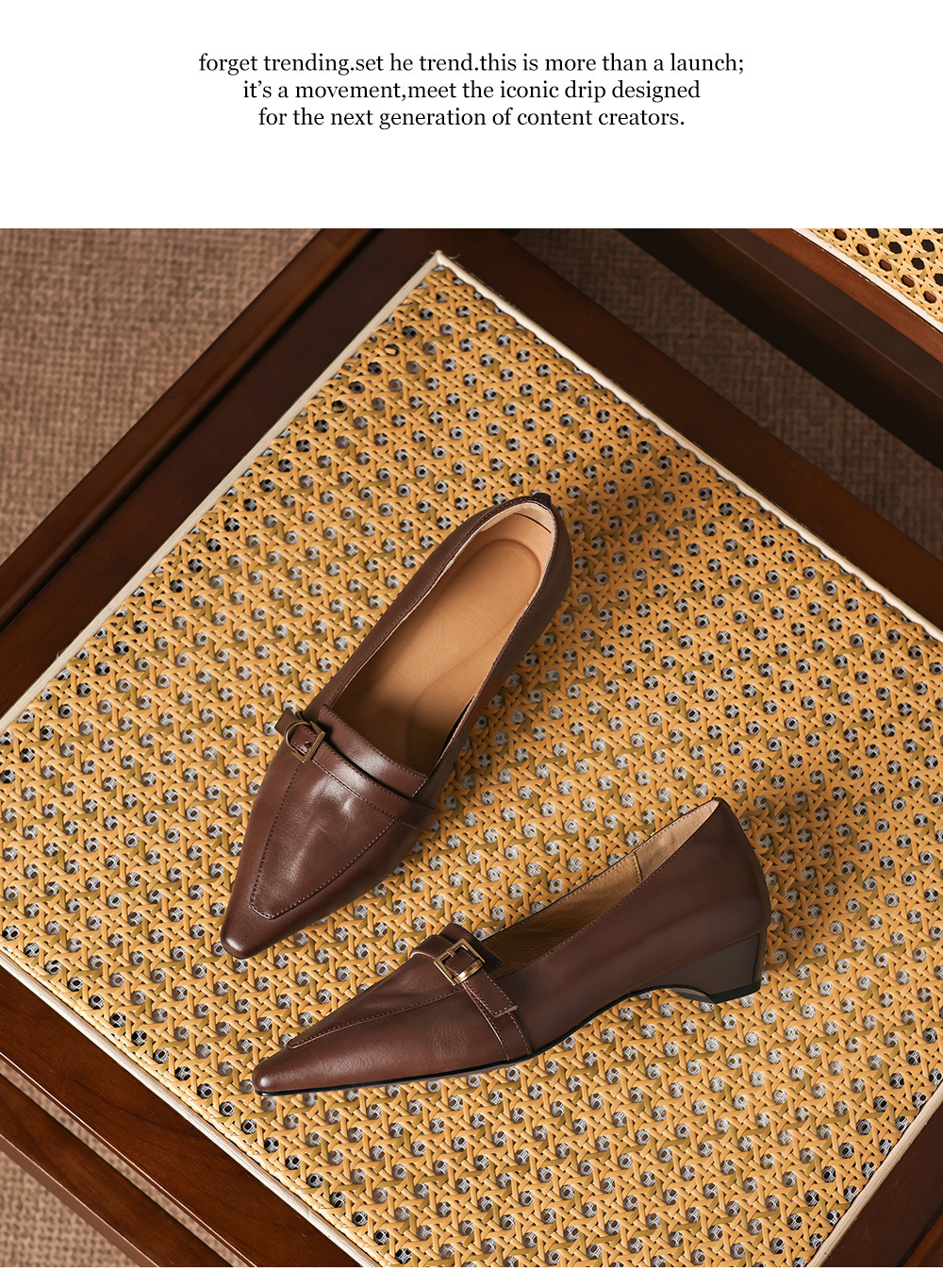 Giày da nữ mũi nhọn gót thấp phong cách vintage khóa thắt lưng — Vàng nâu chi tiết 20