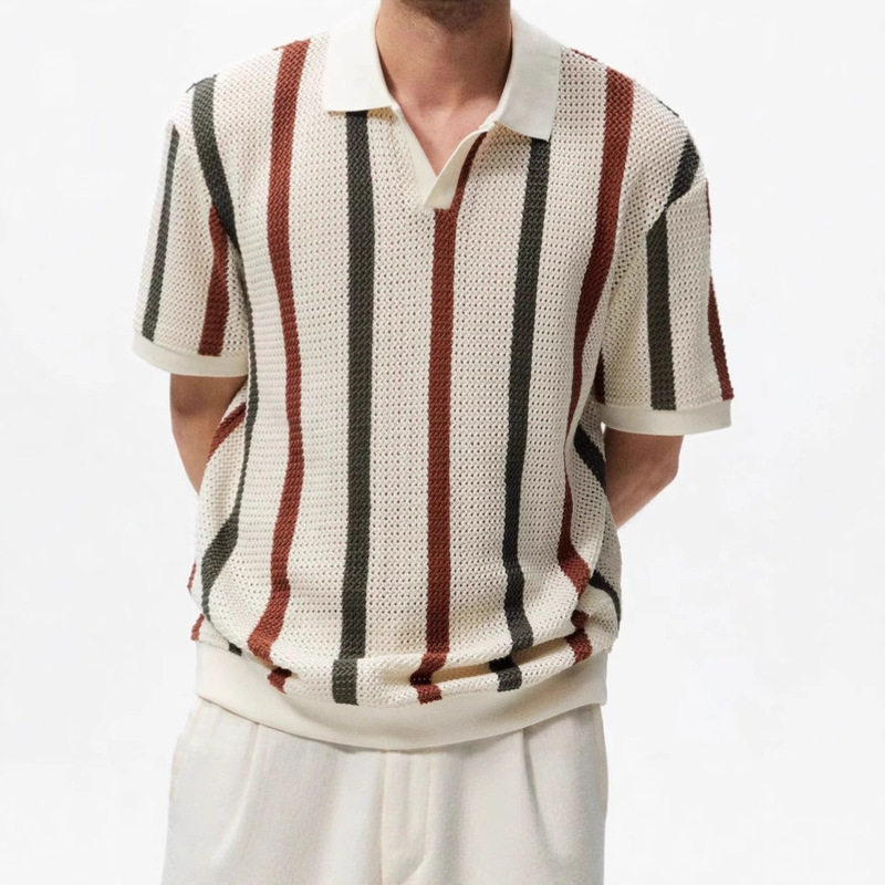 Korean Style Cut Out Mesh Contrast Stripesd Polo Shirt Men's Summer Trendyy Loose Design Casual Knitted Tops Korean Style Cut Out Mesh Contrast Stripesd Polo Shirt Men's Summer Trendyy Loose Design Casual Knitted Tops