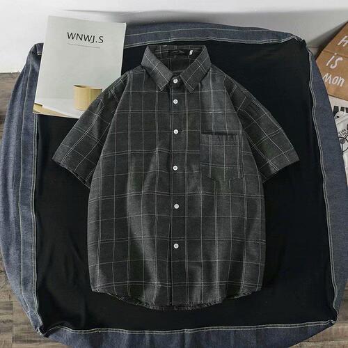 Japanese-style grid shirt for men, summer trend casual stylish loose black short-sleeved shirt for men, thin men's shirt