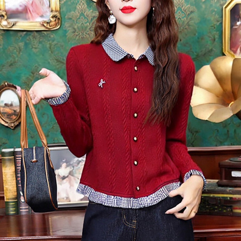 Dropshipping 2026 Early Spring Doll Collar Elegant Navy Blue Knit Sweater Fashionable Lace Cardigan Women's Turn-Down Collar Dropshipping 2026 Early Spring Doll Collar Elegant Navy Blue Knit Sweater Fashionable Lace Cardigan Women's Turn-Down Collar