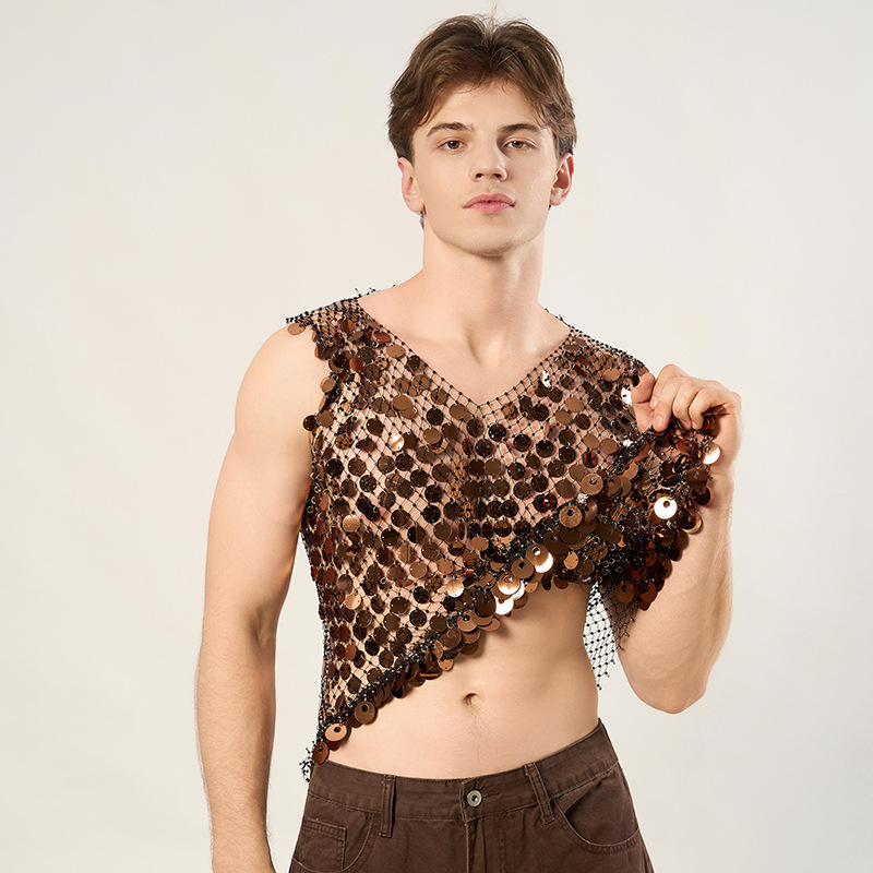 Cross-border European and American sequined men's nightclub hollow-out vest with large sequins and rhinestones mesh shirt party nightclub attire Cross-border European and American sequined men's nightclub hollow-out vest with large sequins and rhinestones mesh shirt party nightclub attire