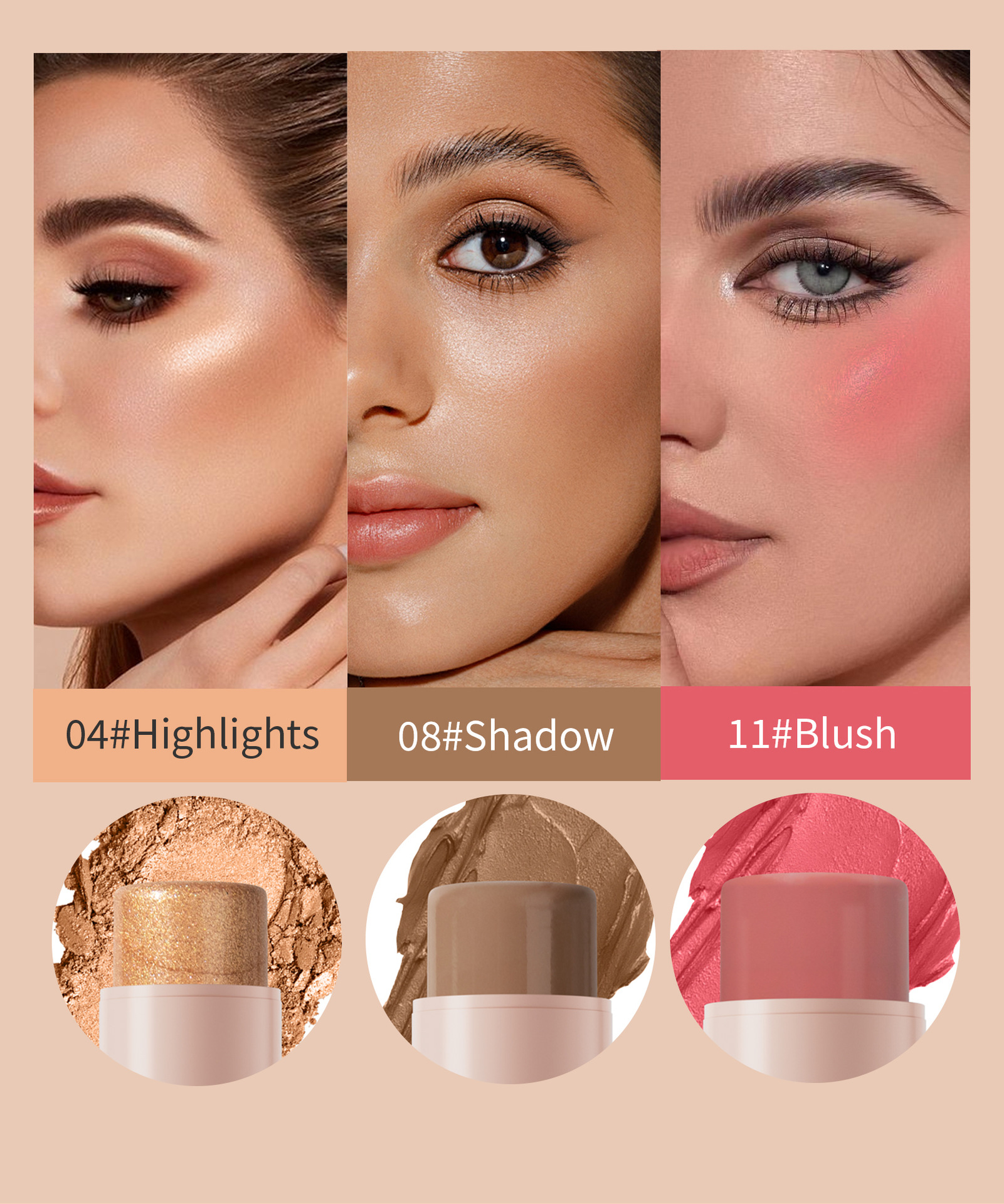 Hellokiss Multi-color Highlighter Blush Makeup Stick Bronzer Three-dimensional Natural Brightening Multi-functional Contouring stick undefined