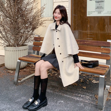 斗篷式双面呢子大衣女中长款2025年秋冬新款韩版纯色披肩毛呢外套
