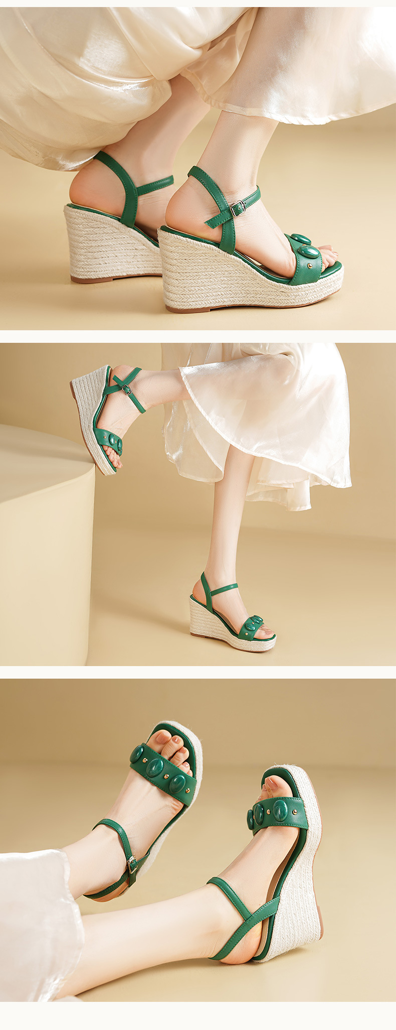 Sandal nữ đế xuồng cao gót phong cách Bohemian quai ngang đinh tán — màu nâu, xanh lá cây chi tiết 4