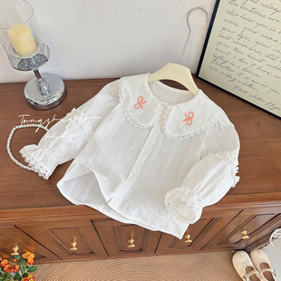 Girls' Spring and Autumn New Western Style Korean Style Sweet Bow Shirt Llace Collar Base Shirt Children's Clothes Spring and Autumn