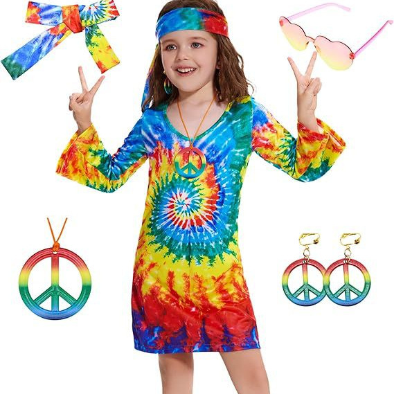 Amazon Halloween Cross-border European and American Women's Clothing 1970 s Hippie Costume Printed dress Girl Dress