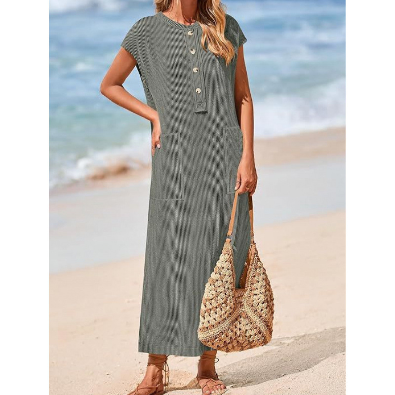 In Stock 2025 Amazon Summer Ribbed Knitted Henley Short-Sleeved Maxi Dress Button Loose Slit Skirt