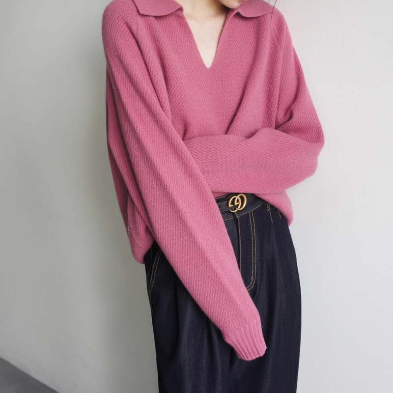 Jojoz Retro Dry Rose V-Neck Loose Long-Sleeved Sweater 100% Merino Wool Gentle Waffle Pattern Jojoz Retro Dry Rose V-Neck Loose Long-Sleeved Sweater 100% Merino Wool Gentle Waffle Pattern