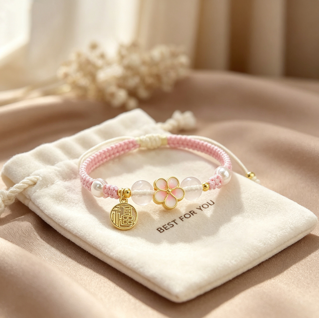 New Chinese-style peach blossom pearl charm bracelet, simple and cute, fresh and delicate, niche design, versatile gift for best friends