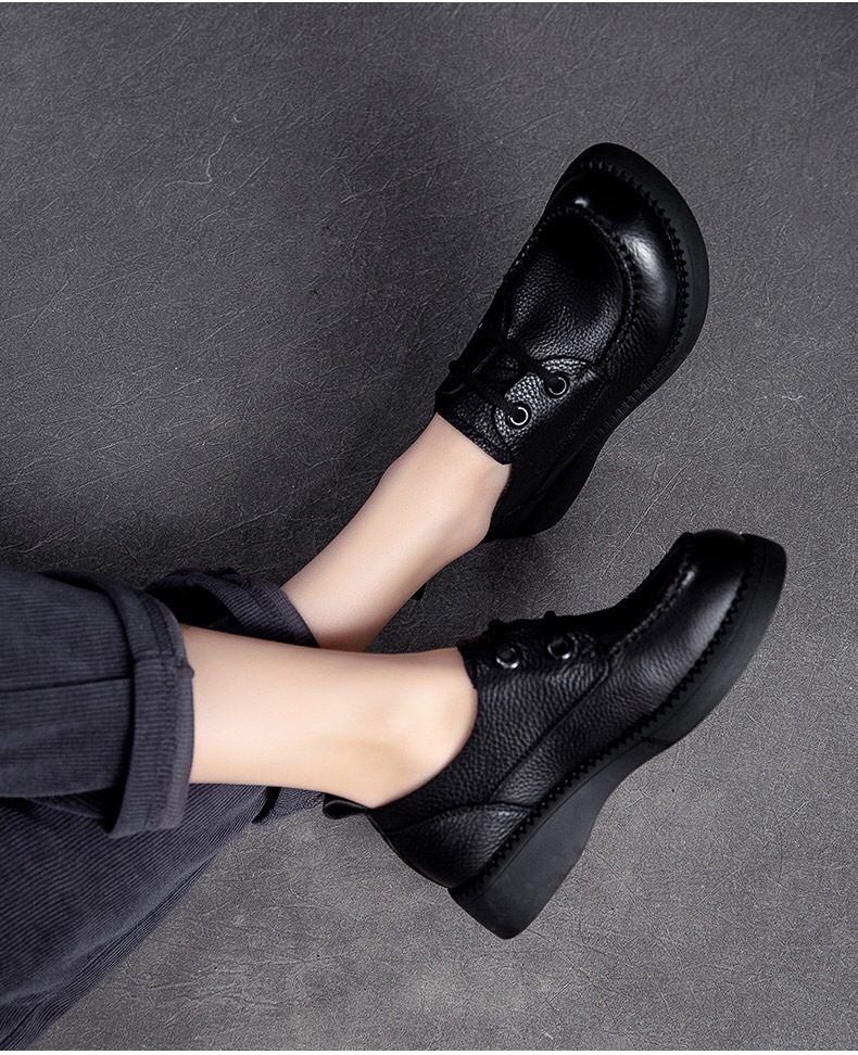 Zapatos de mujer de cuero cosidos a mano en otoño, zapatos retro de suela suave de una sola capa de cuero de vaca, zapatos de cuero casuales variados