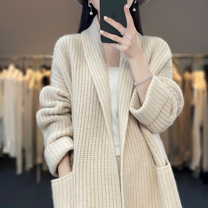 Spring new mid-length V-neck sweater women's Korean-style versatile high-end outer wear slimming lazy style knitted cardigan fashion